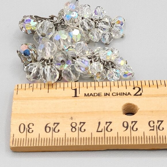 White AB Aurora Borealis Cluster Dangle Clip Earrings Vintage 2 in Length - Picture 5 of 5